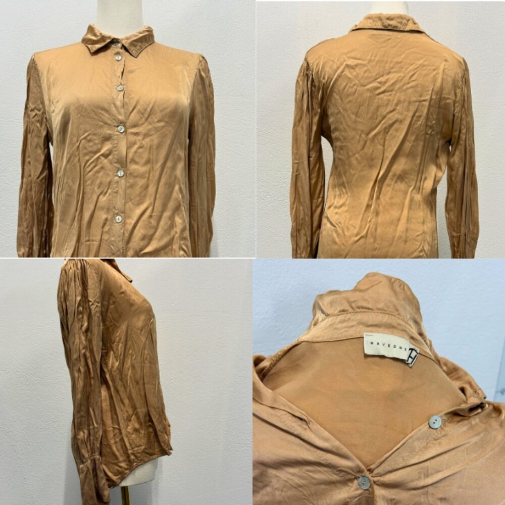 Haveone Beige Gold Womens Large Button Blouse
